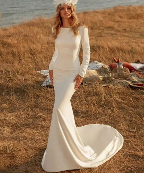 Elegante sirena vestido de novia 2024 para las mujeres Scoop mangas largas sin respaldo spandex corte tren vestidos de novia simples playa vestido de novia