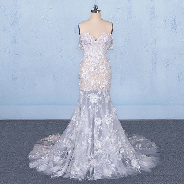 Élégante robe de mariée sirène balayage train hors épaule dentelle appliques haut de gamme robes de mariée sur mesure