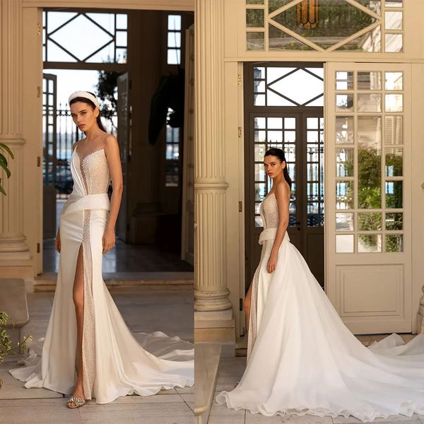 Elegante vestido de novia de sirena, cuello de tul transparente, diseño con cuello en V, gasa satinada con cuentas, remolque dividido, vestido de novia de talla grande, vestido de celebridad, Vestidos De Novia