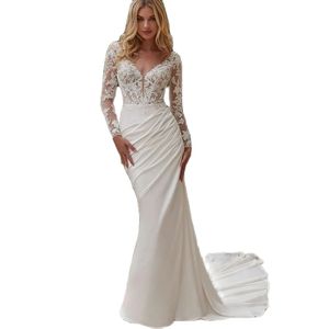 Robe De mariée sirène élégante, col en v, manches longues, plis appliqués, longueur au sol, dos nu