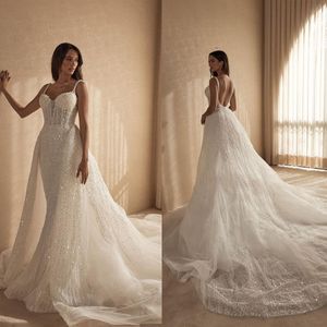 Robes de mariée sirène élégantes robe de mariée col en coeur pour les femmes Spaghetti sangle paillettes Slim Fit balayage train robe sur mesure