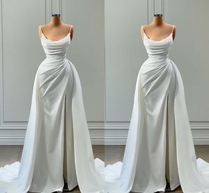 Robes De Mariée Sirène Élégantes Pour La Mariée Plus La Taille Perles Satin Bretelles Spaghetti Haut Côté Split Plis Balayage Train Robe De Mariée Robe De Noiva Sur Mesure