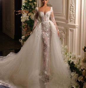 Elegantes vestidos de novia de sirena Mangas largas Cuello en V Apliques Lentejuelas Con cuentas Hasta el suelo Encaje 3D Tren desmontable Vestidos de novia Tallas grandes por encargo abiti da sposa