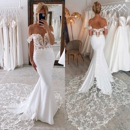 Robes de mariée sirène élégantes hors épaule dentelle robe de mariée de luxe balayage train bouton dos robes de mariée de mariage