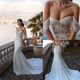 Robes de mariée sirène élégantes chérie hors de l'épaule perles sans manches dos nu balayage train sur mesure grande taille robe de mariée sexy robes de Novia