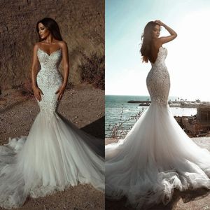 Elegante zeemeermin trouwjurken lieverd hoge taille mouwloze kralen aanvragers backless net netto court jurk rits zipper op maat gemaakte plus size vestidos de novia