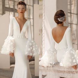Robes de mariée sirène élégantes col en V fleurs 3D robes de mariée robe Novia bouffée à manches longues robe de mariée