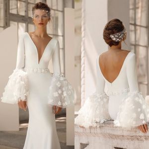 Elegante zeemeermin trouwjurken v-hals 3D bloemen bruidsjurken vestido novia bladerdeeg lange mouw bruidjurk