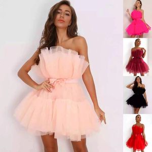 Elegantes vestidos de fiesta de malla para mujer, vestido rosa con hombros descubiertos y lazo, minivestido Sexy sin mangas para baile