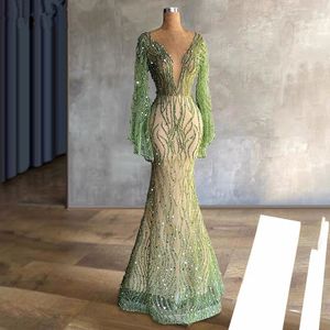 Elegante mint groene prom -jurken Deep V nek kralen avondjurk op maat gemaakte lange mouwen lovertjes verouderde zeemeermin vrouwen formele beroemde feestjurk