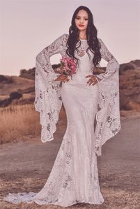 Elegante y moderno cuello barco Boho Sirena Vestido de novia Bohemio Lentejuelas de encaje transparente Mangas acampanadas V Volver Tren de barrido Vestidos formales Por encargo