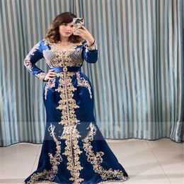 Élégant marocain robe de soirée caftan robes de fête formelle appliques en dentelle bleue algérien dubaï sirène musulmane islamique