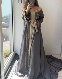 Elegante Marokkaanse Kaftan formele avondjurken lange mouwen A-lijn grijze prom feestjurken Arabische Dubai vrouw Abaya Caftan Gold kralen