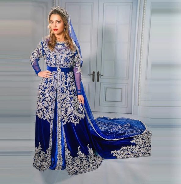 Elegante Kaftan marroquí Indio Royal Blue Vestidos de noche 2022 Mangas largas Apliques de encaje plateado Una línea Satén Vestidos de fiesta formales Oriente Medio Turquía Dubai Vestido de fiesta