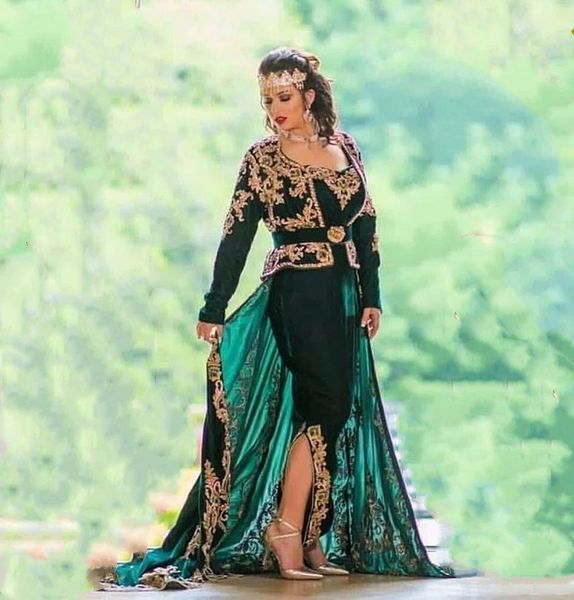 Élégant caftan marocain Karaou robes de bal gaine de velours vert manches longues robes de soirée formelles arabe Dubaï Abaya Mariage vêtements pour occasions spéciales 2023
