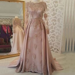 Elegante Marokkaanse Kaftan Lange Avondjurken Illusie Volledige Mouwen Kant Applicaties Crystal Pearls Kralen Moslim Vrouwen Formele Jurken Een lijn Prom Dress Court Train