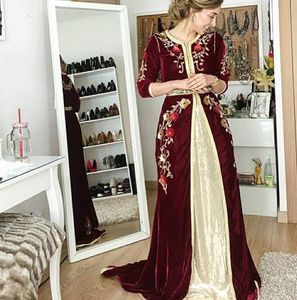 Élégant caftan marocain velours robes de soirée 2022 bordeaux et ivoire à manches longues arabe Dubaï célébrité bal robes de soirée dentelle florale brodée fendue Abaya
