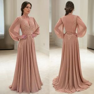 Vestido elegante para madre de la novia, vestido de gasa con encaje y cuello en V, manga larga, con cinturón para vestidos de novia matrimoniales