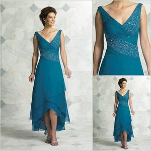 Elegante moeder van de bruid jurken v nek geplooide kralen korrelende chiffon thee lengte hoog lage turquoise vrouwen feestjurk prom jurken