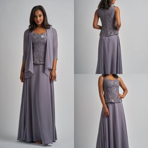 Elegante moeder van de bruid jurken met jas kant chiffon lange mouwen drie stukken plus size moeders jurk avondjurken voor bruiloften