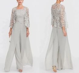 Elegante moeder van de bruid broek Pakken met kanten jas lange mouwen chiffon dames jumpsuits trouwfeestjurken bruidegom mom formal jurken 2023