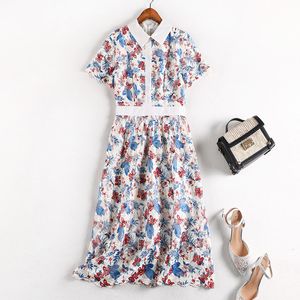 Elegante Multicolor Flower Print Dames Kant Baan Zomer Meisjes Korte Mouw Hol Casual Party Midi Jurk Vestidos 210416