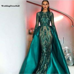 Élégant musulman vert manches longues robes de soirée 2021 avec train détachable paillettes Bling marocain caftan formelle fête robes de bal299W