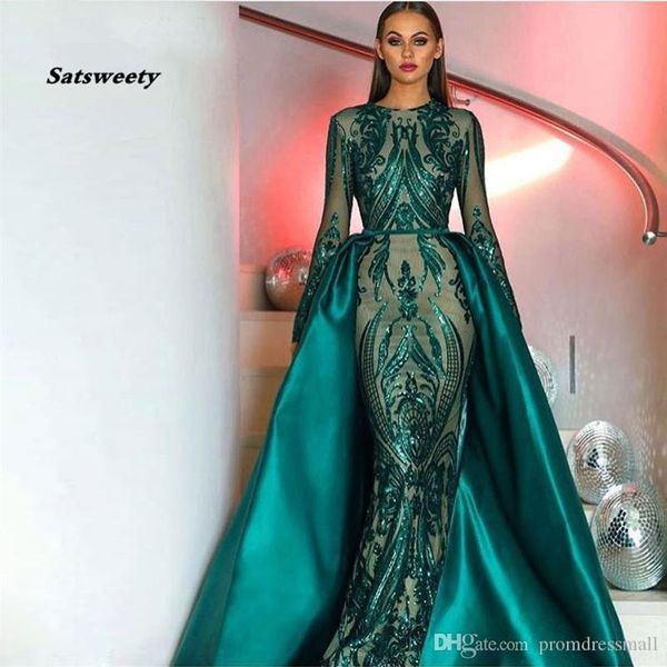 Élégant musulman vert manches longues robes de soirée avec train détachable Sequin Bling caftan marocain robe de soirée formelle255R