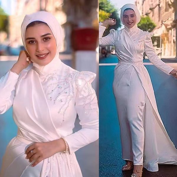Elegante musulmán Hijab Vestidos de novia Vestidos de novia Cristales Con cuentas Falda desmontable Mangas largas Cuello alto Árabe Islámico Vestidos De Novia Hasta el suelo 2023