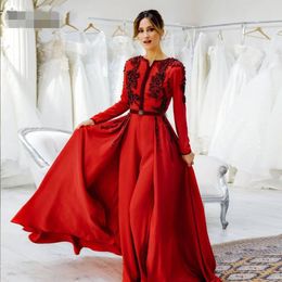 Élégant musulman manches longues robes de soirée bal brique rouge dentelle perlée appliques pantalons de soirée costumes Dubaï caftan robe formelle robes de soirée
