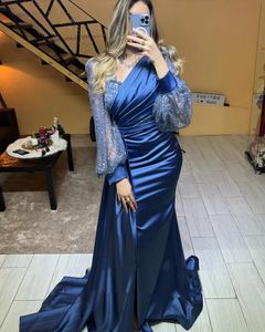 Élégante robe de soirée bleu marine 2024 paillettes paillettes manches longues col en v satin fête de bal robes formelles robes arabes de fête robe de soirée