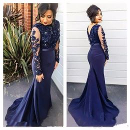 Elegante marine blauwe zeemeermin kralen avondjurken met lange mouwen juweel hals kant geappliceerd prom jurken satijn plus size formele jurk