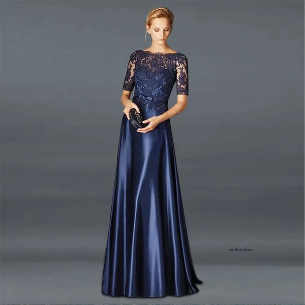 Elegant Navy Blue Mother of the Bride A Line Satin Half Mancheves Appliques Long Groom Robes de soirée pour le mariage Vestidos Robe Soriee 0509