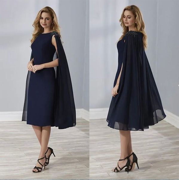 Élégant bleu marine mère de la mariée robes avec Wrap genou longueur Cap manches marié marraine en mousseline de soie sirène robe de soirée personnaliser