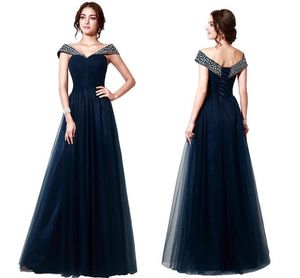 Elegante azul marino con hombros descubiertos, vestidos de noche de tul, vestidos de fiesta con cuentas, vestido de fiesta largo hasta el suelo, imágenes fotográficas sexys