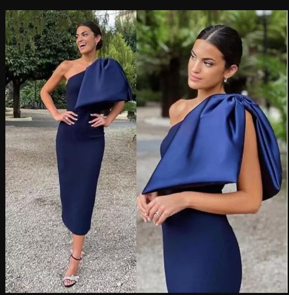 Elegante vestido de fiesta de cóctel azul marino con un hombro, vestido de fiesta corto hasta la rodilla, vestido formal de satén, vestidos de noche