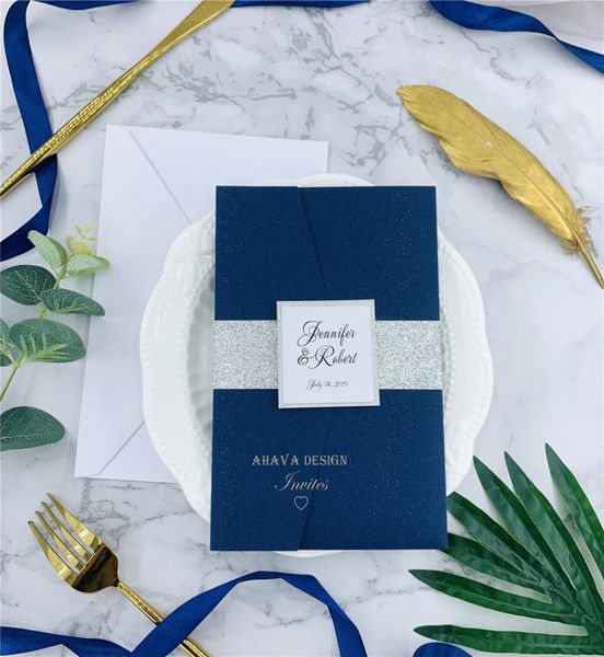 Invitación elegante cortada con láser azul marino con banda para el vientre y tarjeta RSVP para boda, quince, dulces dieciséis, invitación DIY Kit1622800