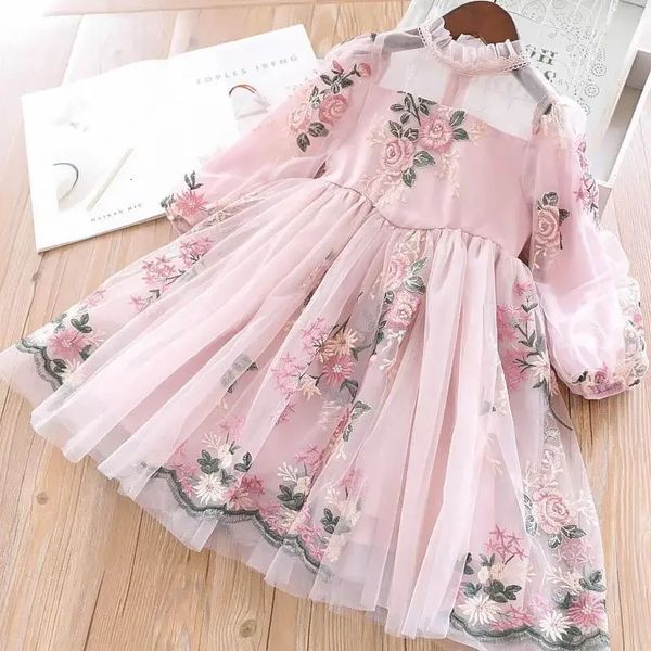 Elegante nueva niña vestido de novia de niña de flores bordada Otoño e invierno Ropa de fiesta de cumpleaños de princesa de manga larga 3-8 años 240402