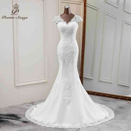 Élégant nouveau mariage robes de mariée col en V belle robe de mariée applique sirène robe novia