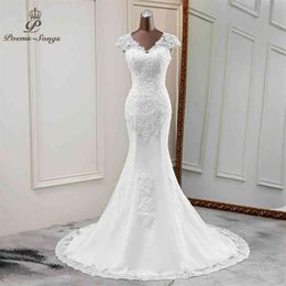 Elegant nieuw huwelijk V-hals bruidsjurken mooie bruidjurk applique zeemeermin vestido novia260H