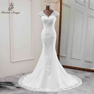 Elegante nieuwe huwelijk V-hals bruidjurken mooie bruid jurk applique zeemeermin vestido novia