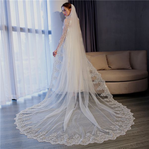 Élégant nouveau voile de mariage blanc ivoire champagne 3 4 5 mètres de long longueur cathédrale voile mariage appliques dentelle sur mesure accessoires de mariée