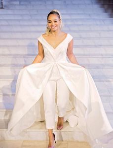 Élégantes nouvelles femmes combinaison robes de mariée blanc satin jupes robes de mariée avec train grand col en V fermeture éclair dos robe de célébrité formelle 08