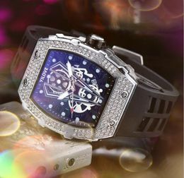 Elegante Noble Mens Diamantes Anillo Relojes 43mm Japón Cuarzo Cronógrafo Hombres Esqueleto Dial Luminoso Clásico Generoso Caucho Popular Deportes Relojes de pulsera