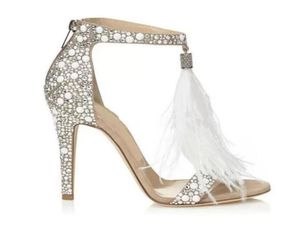 Elegant naakt kristal verfraaide hoge hiel sandalen veer tassel sandalen vrouwen schoenen pompen vrouwelijk bruiloft sandalias6479525