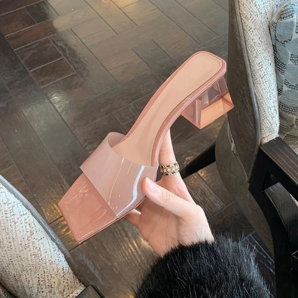 Élégant nude rose pvc transparent mule sandales femme cristal talon glisse dames toe orteil argenté ramine de chaussures pantoufle