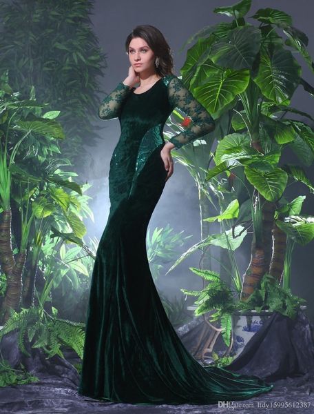 Elegante vestido de noche de sirena con cuello redondo, encaje de manga larga y decoración de apliques con cola de corte 163