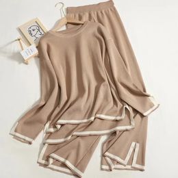 Élégant col rond fente latérale pull à manches longues Sweaterwide jambe pantalon 2 pièces ensembles femmes automne couleur unie pulls décontractés 240115