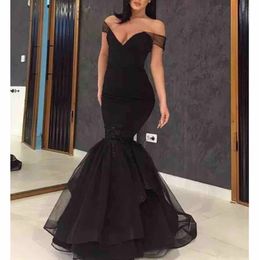 Elegant Off Shoulder Black Avond Party Jurken Sexy Lange Prom Jurken V-hals Graduation Jurken Formal Pageant Towns Kant Applique