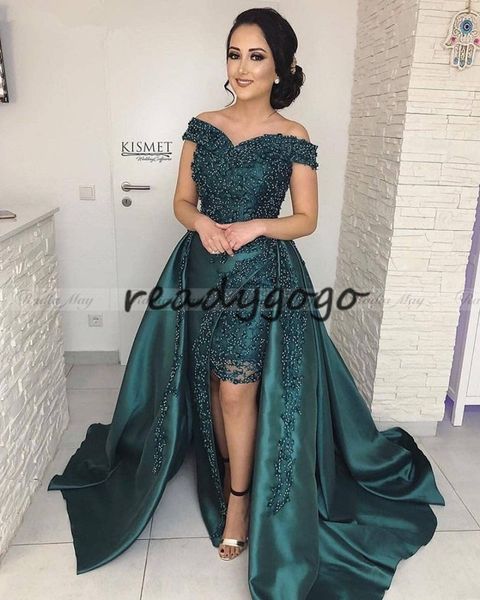 Elegante vestido de noche árabe verde esmeralda con hombros descubiertos con tren desmontable Kaftan Dubai mujeres de talla grande vestidos formales de graduación